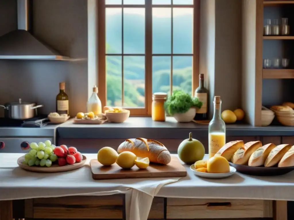 Una mesa rústica francesa llena de alimentos tradicionales: baguettes, quesos, frutas y vino tinto