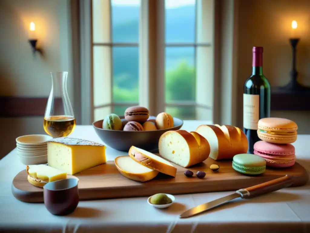 Una mesa rústica francesa con queso, baguettes, macarons y vino Bordeaux, iluminada por luz natural