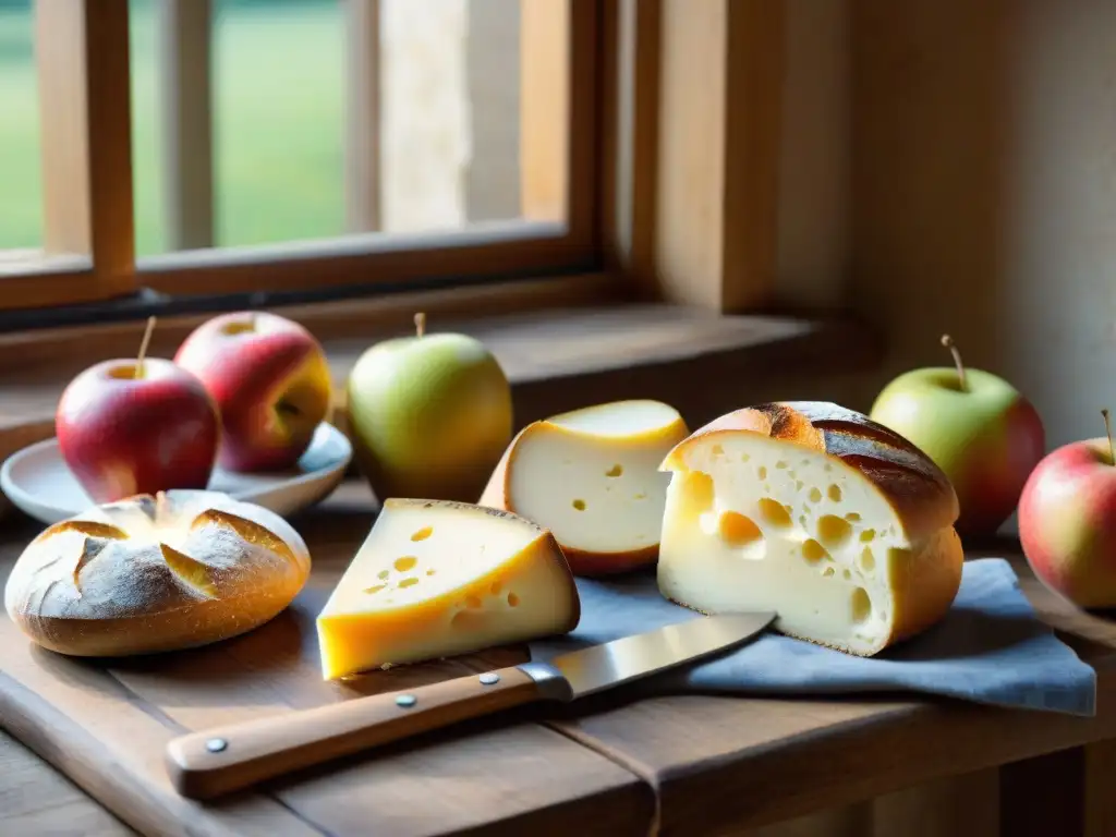 Una mesa rústica en una granja acogedora de Normandía con ruedas de Queso Pont l'Évêque en diferentes etapas de maduración