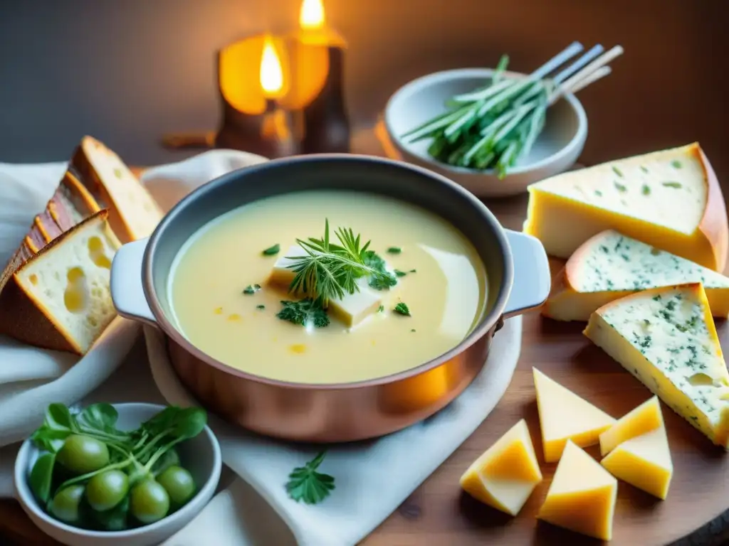 Una mesa rústica con herramientas para hacer la mejor fondue queso estilo francés, iluminada por velas