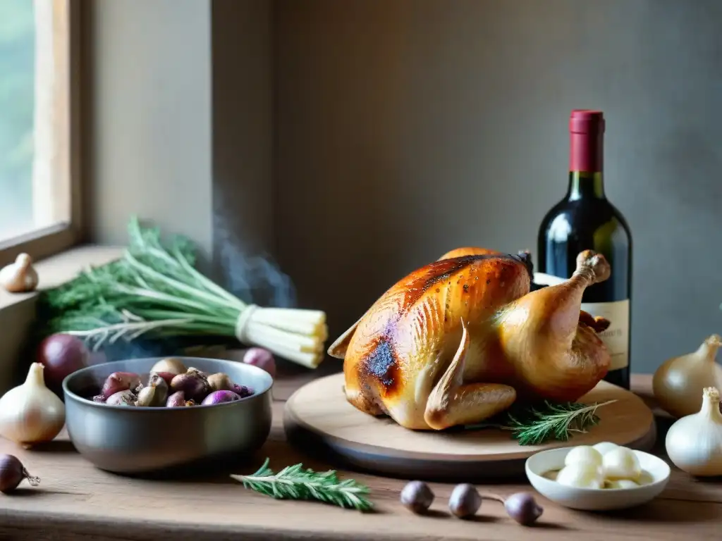 Una mesa rústica con ingredientes para Coq au Vin: pollo, vino tinto, thyme, cebollas, champiñones y un libro de recetas francés vintage