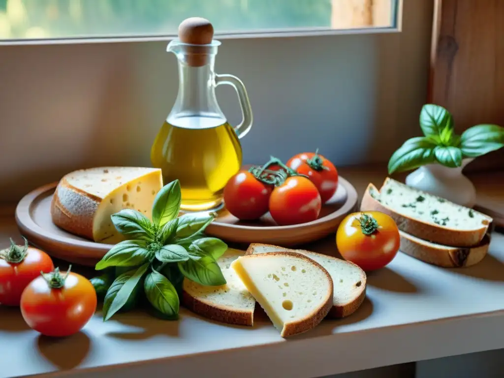 Una mesa rústica con ingredientes de la dieta mediterránea: tomates, albahaca, aceitunas, pan integral, aceite de oliva y queso