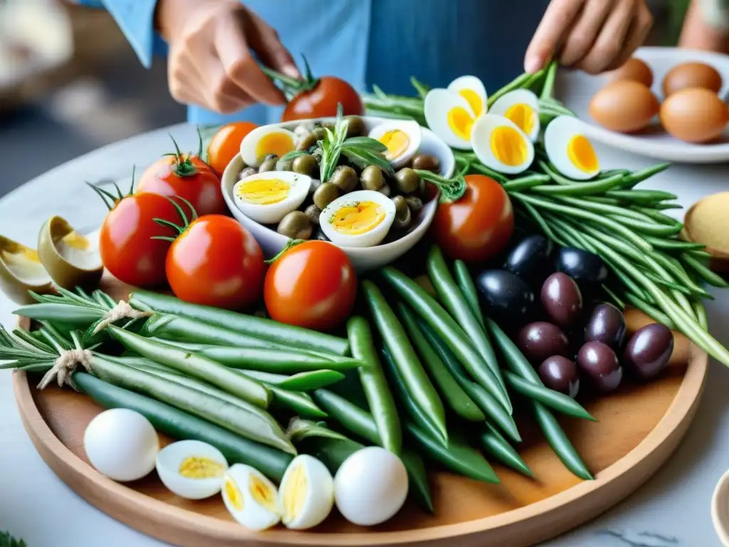 Una mesa rústica con ingredientes frescos para Salade Niçoise en un mercado francés auténtico