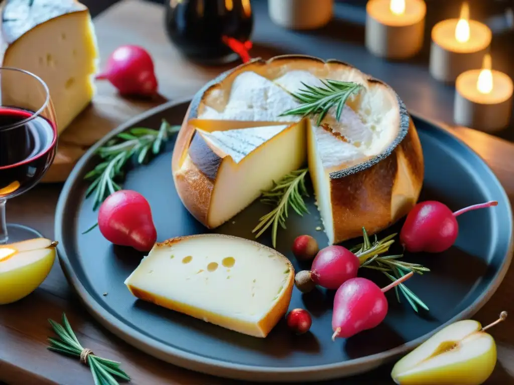 Una mesa rústica con ingredientes icónicos de la Revolución Francesa: Brie, pera, baguette, coq au vin, rábanos y vino tinto, iluminados por velas