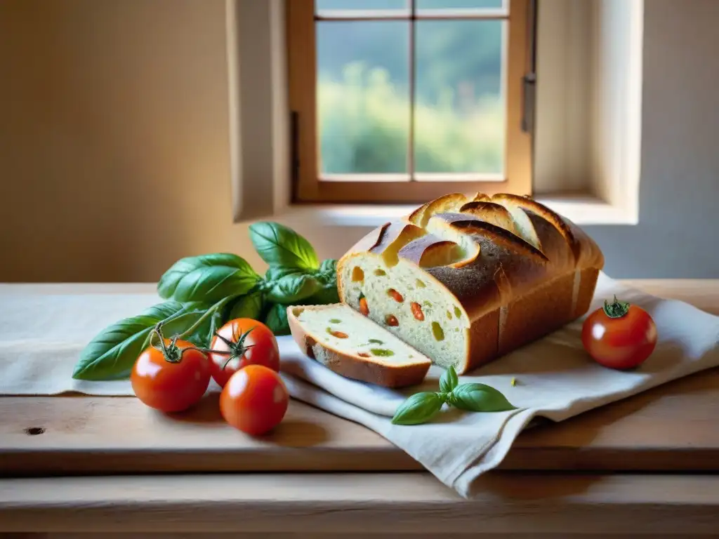 Una mesa rústica con ingredientes mediterráneos frescos y pan francés recién horneado