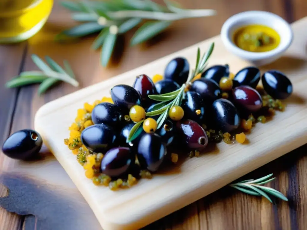 Una mesa rústica con ingredientes para tapenade provenzal: aceitunas negras, alcaparras, anchoas, hierbas frescas, aceite de oliva y sal marina