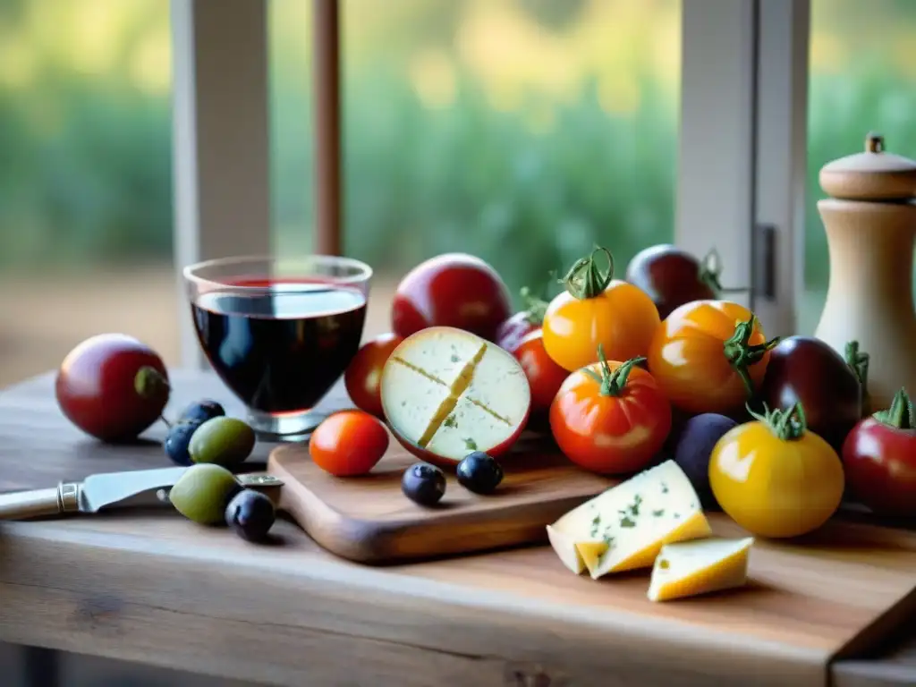 Una mesa rústica con ingredientes vibrantes de la cocina provenzal: tomates, hierbas, higos, queso, baguettes y vino tinto