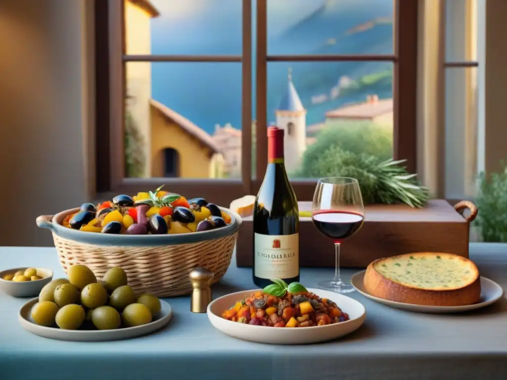 Exquisita mesa mediterránea con ratatouille y vino Una mesa rústica llena de delicias mediterráneas, perfecta para maridar con vino
