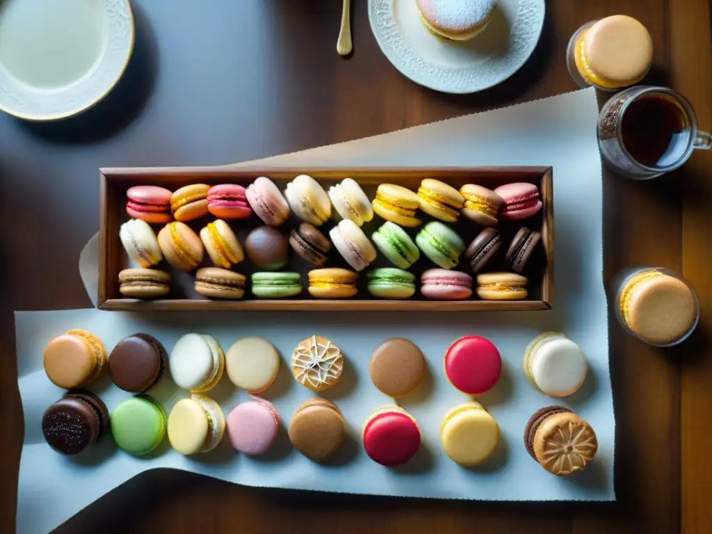 Una mesa rústica llena de delicias francesas: macarons, tartas, éclairs y crème brûlée, iluminada por luz natural