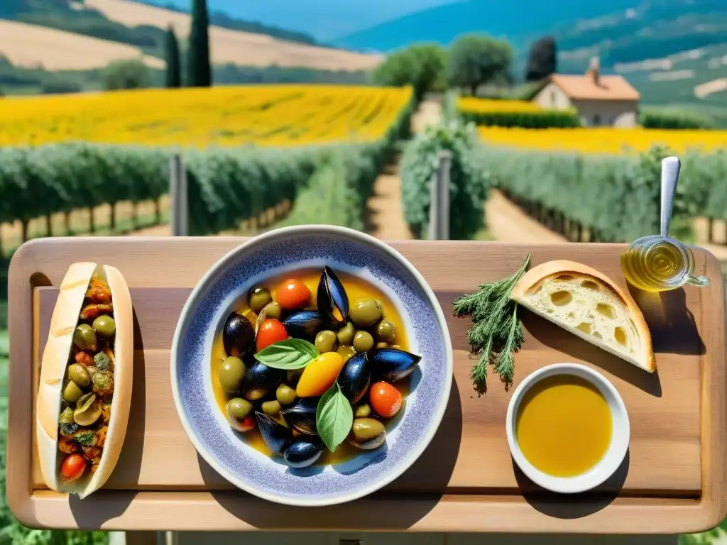 Una mesa rústica llena de platos icónicos de la cocina provenzal: ratatouille, bouillabaisse, pissaladière y miel de lavanda