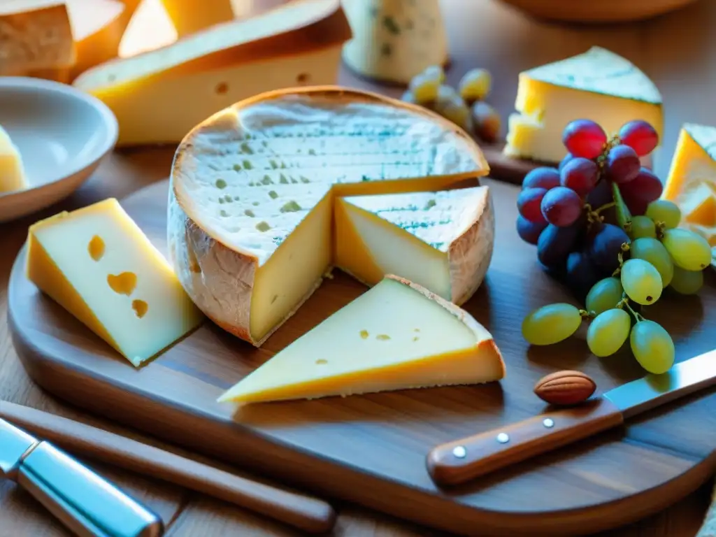 Una mesa rústica llena de quesos franceses, baguettes, uvas y nueces, con libros antiguos y la Torre Eiffel difuminada de fondo