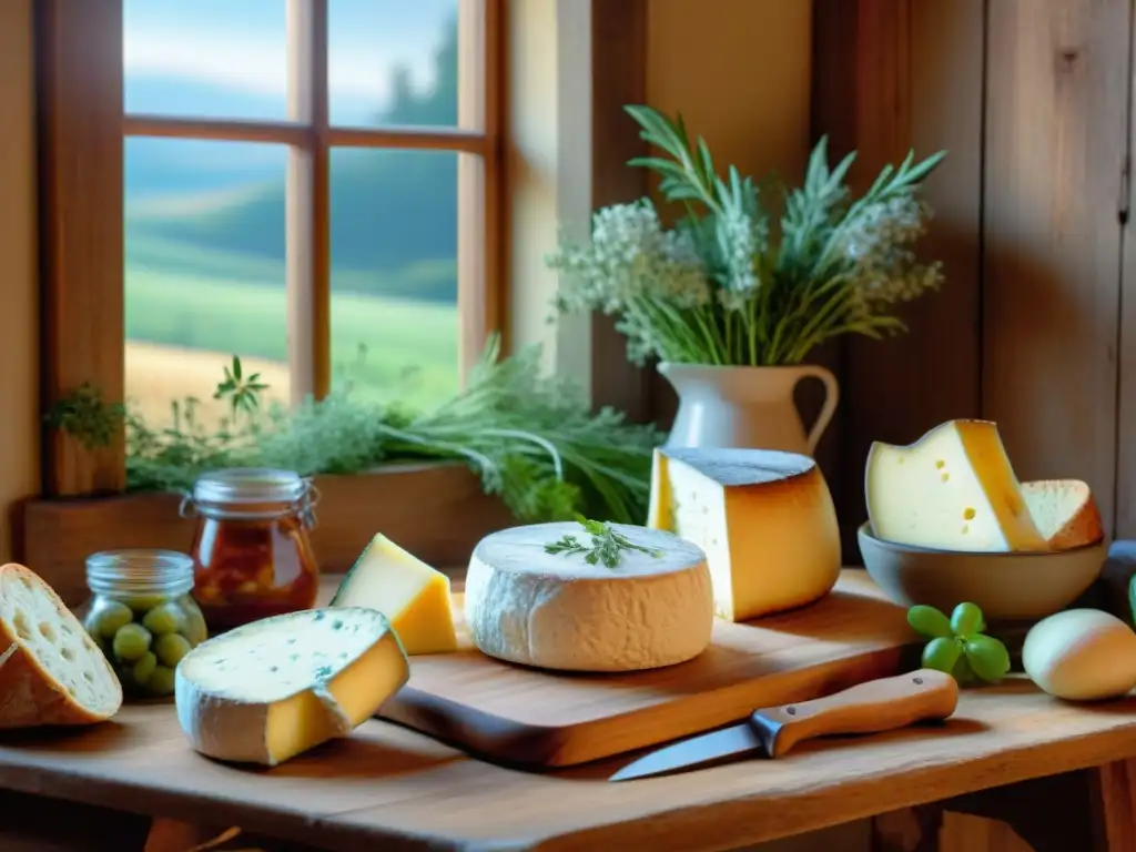 Una mesa rústica llena de quesos franceses caseros, hierbas frescas y pan artesanal