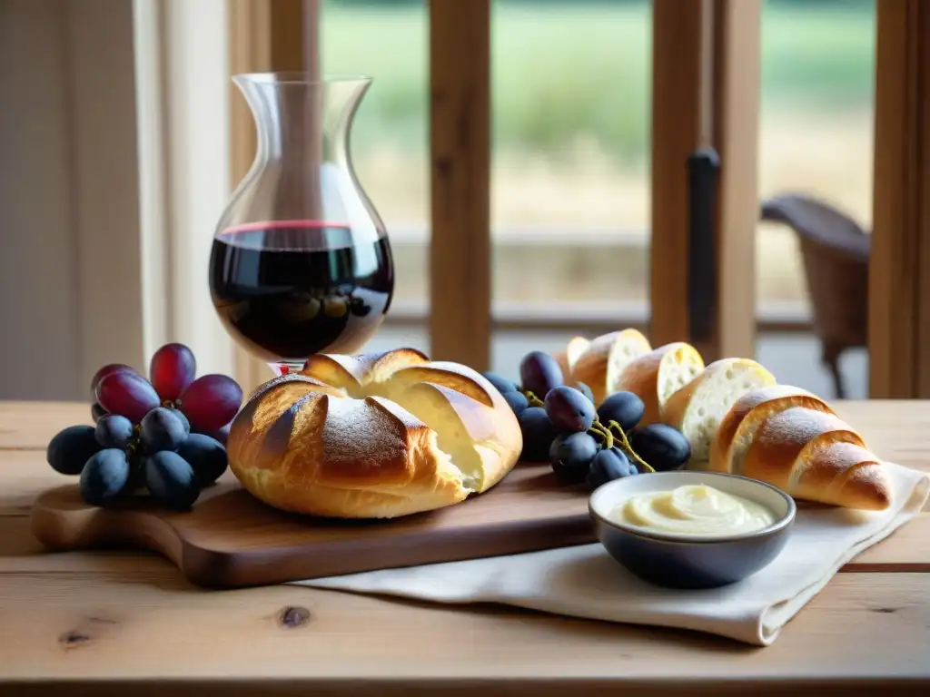 Una mesa rústica de madera con alimentos franceses: baguette, queso Brie, uvas, croissant y vino tinto