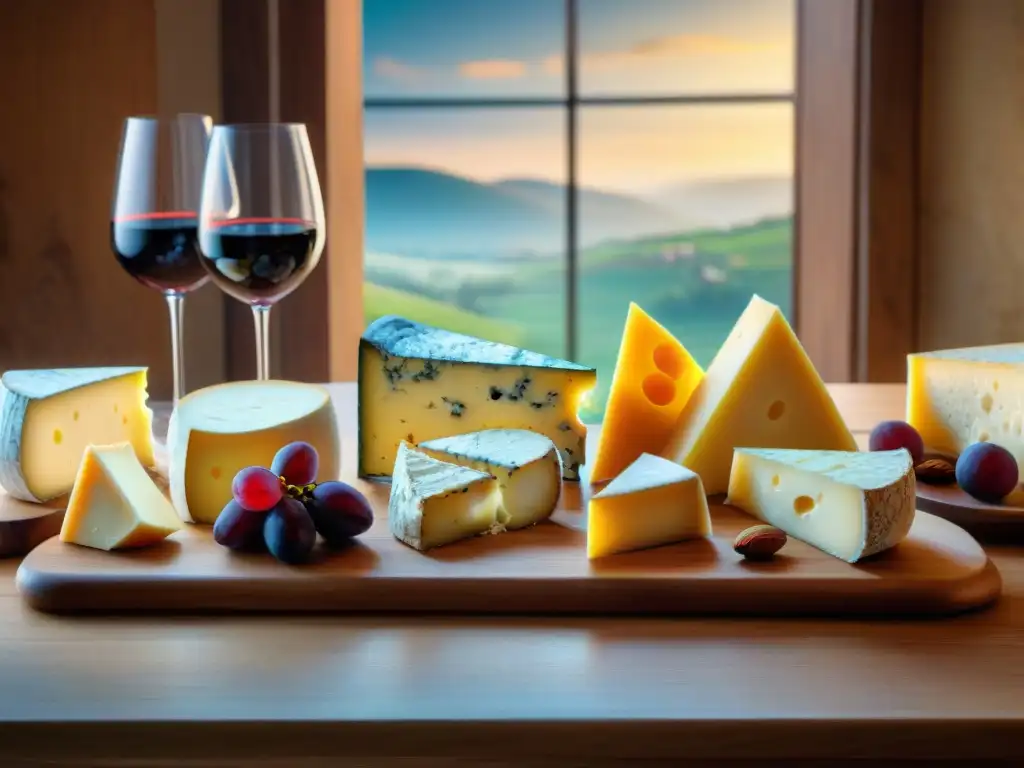 Una mesa rústica de madera finamente decorada con una variedad de quesos y vinos, evocando la cocina francesa con influencia mundial