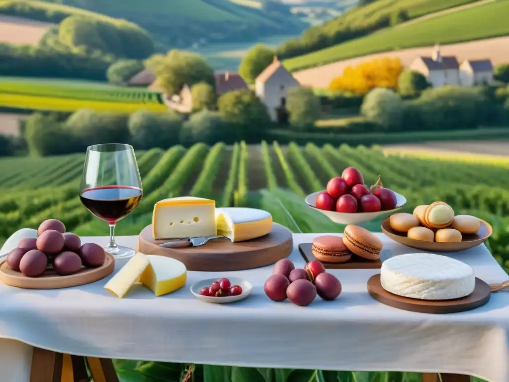 Una mesa rústica de madera con delicias de la gastronomía francesa platos tradicionales frente al campo de Normandía en un día soleado