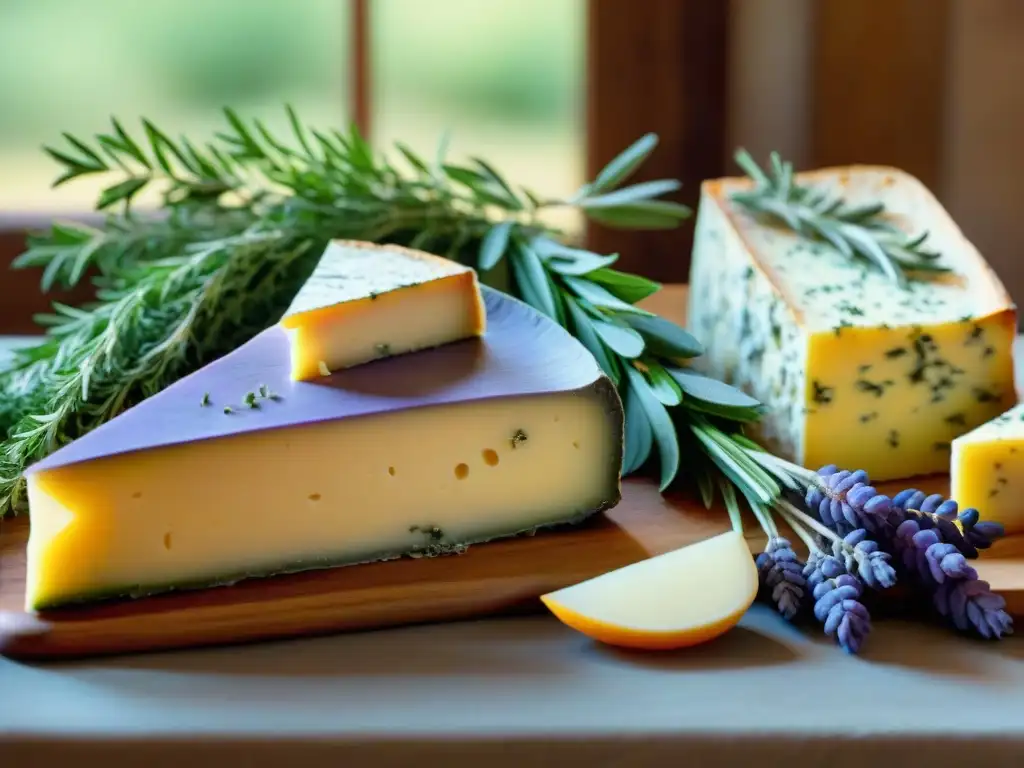 Una mesa rústica de madera llena de hierbas de Provenza y quesos franceses artesanales, bañados por la luz natural