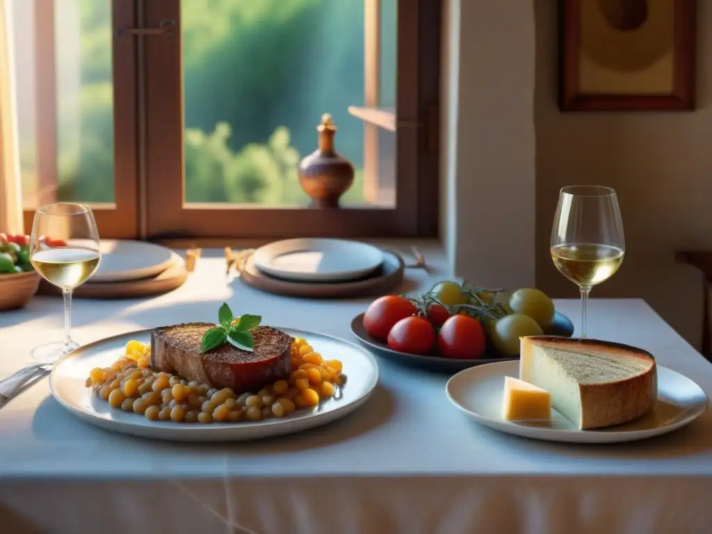 Una mesa rústica de madera con mantel blanco, sirve platos del Suroeste francés: cassoulet, quesos, baguettes y vinos, en una atmósfera acogedora