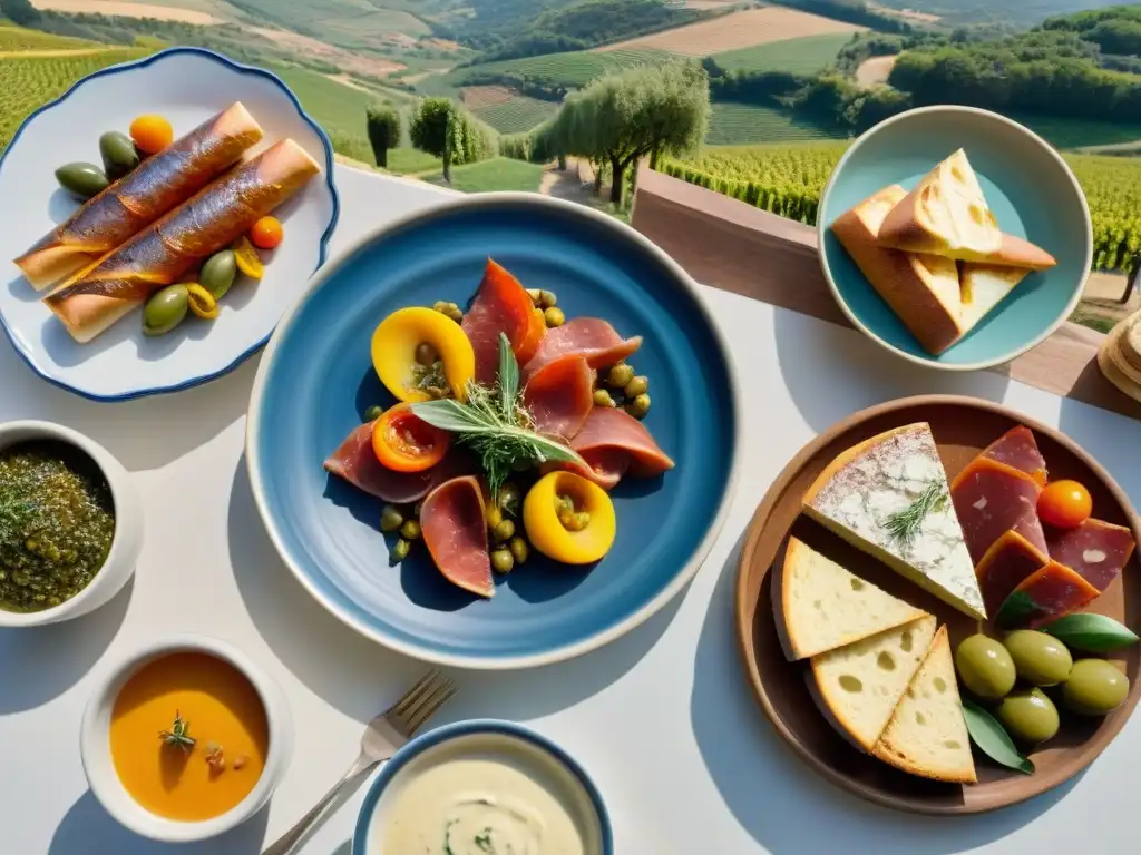 Una mesa rústica de madera con platos coloridos de la Dieta Mediterránea y Innovaciones culinarias francesas, en un escenario campestre soleado