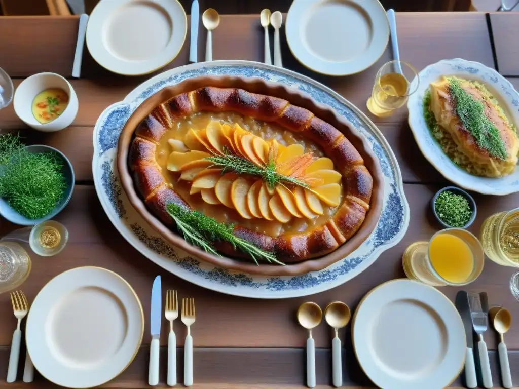 Una mesa rústica de madera con platos de cocina alsaciana recetas tradicionales, como choucroute garnie y tarte flambée, iluminada por el sol poniente