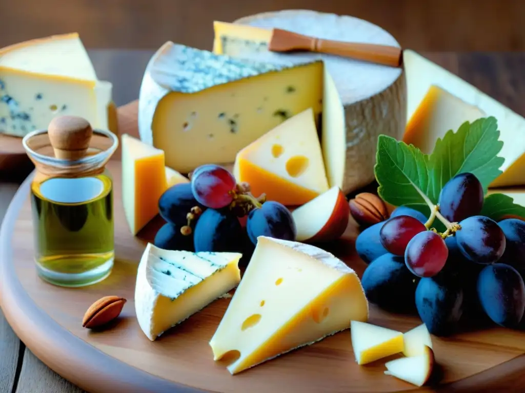 Una mesa rústica de madera con quesos franceses como Brie y Roquefort, vinos de Bordeaux y Champagne