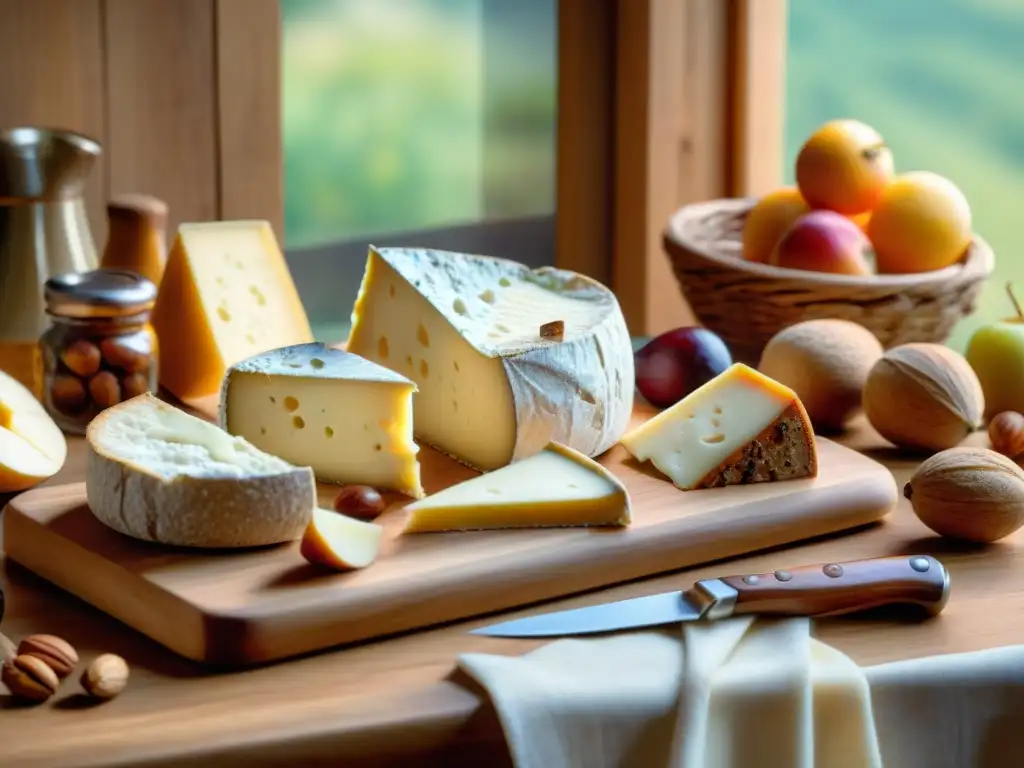 Una mesa rústica de madera con una variedad de quesos franceses caseros, frutas frescas y pan artesanal