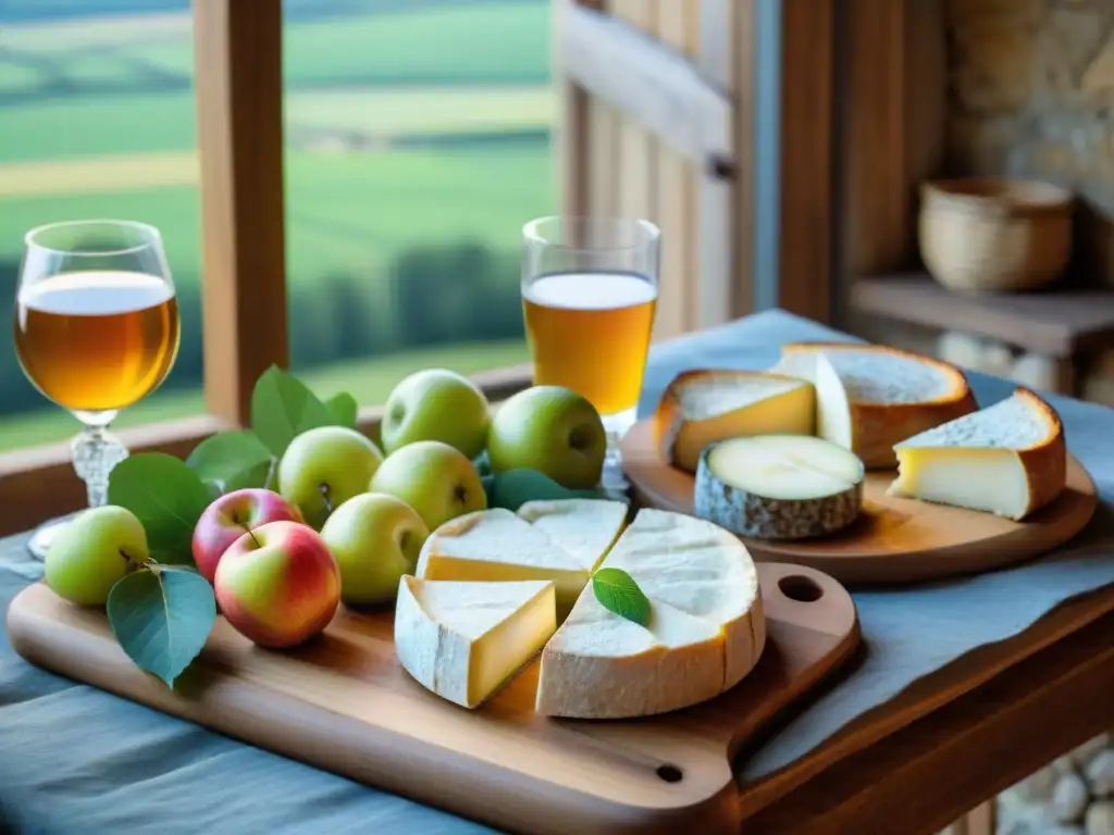 Una mesa rústica en Normandía y Bretaña con sidra, quesos, baguettes y embutidos, frente a verdes colinas