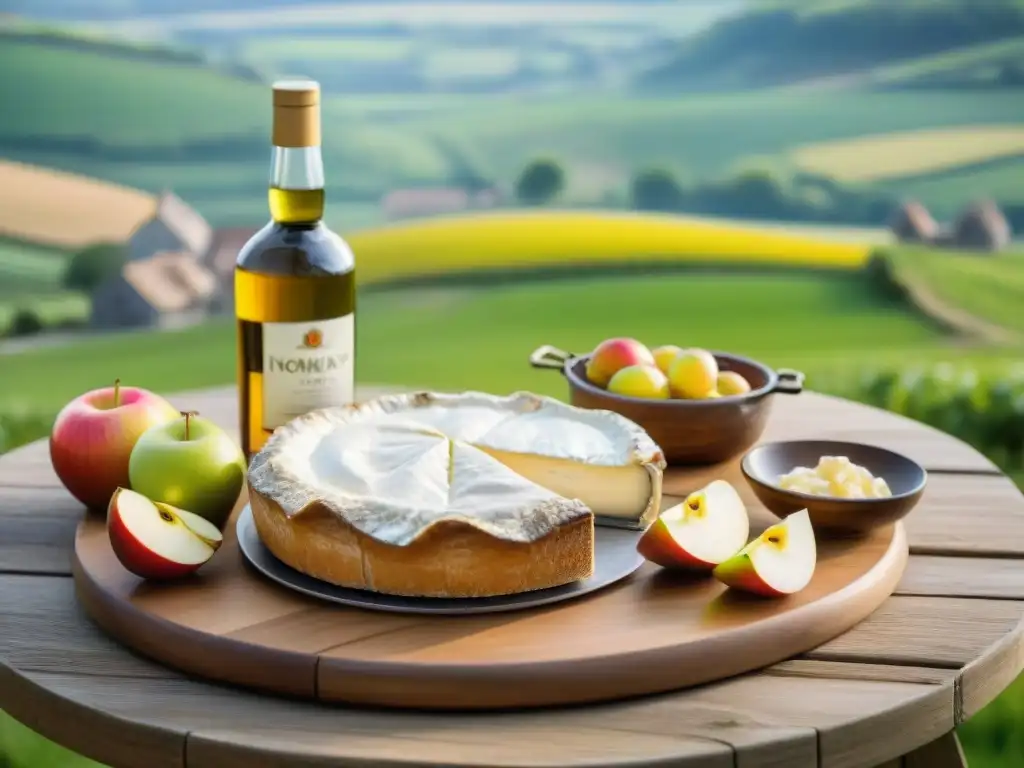 Una mesa rústica en Normandía con delicias culinarias: Camembert, sidra, ostras, tarta de manzana y quesos artesanales