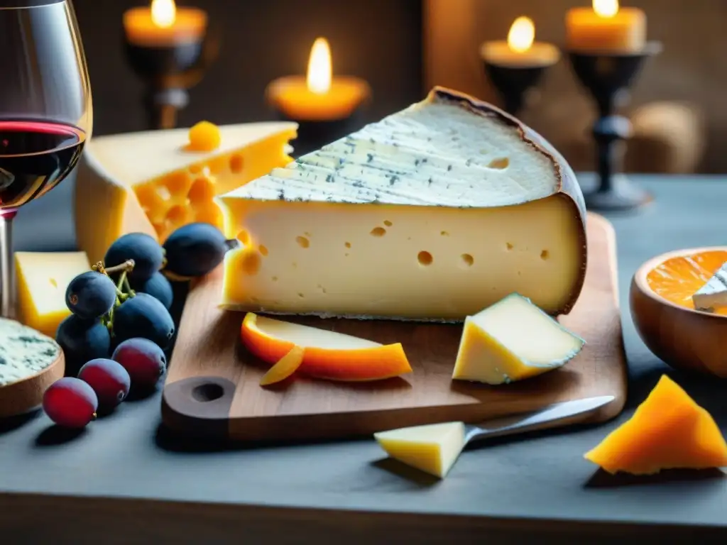 Una mesa rústica con platos vibrantes de quesos y vinos franceses