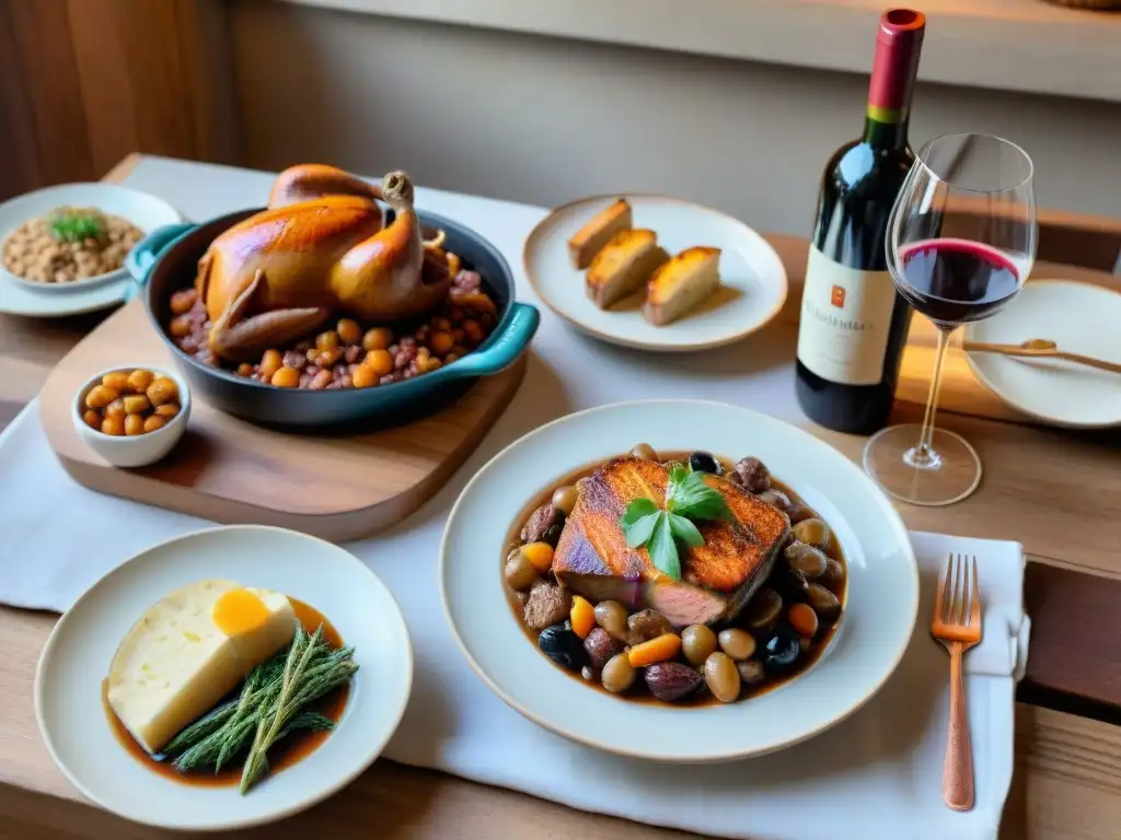 Una mesa rústica con platos y vinos tradicionales del suroeste de Francia, reflejando la gastronomía francesa con elegancia y tradición