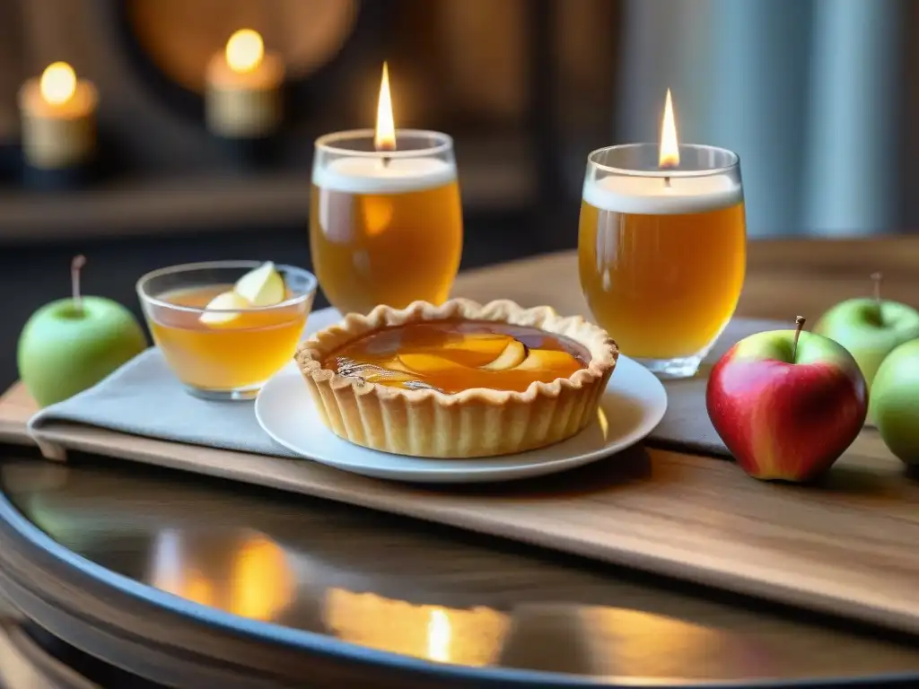 Una mesa rústica con postres de sidras francesas marida perfectamente con la cálida luz de las velas