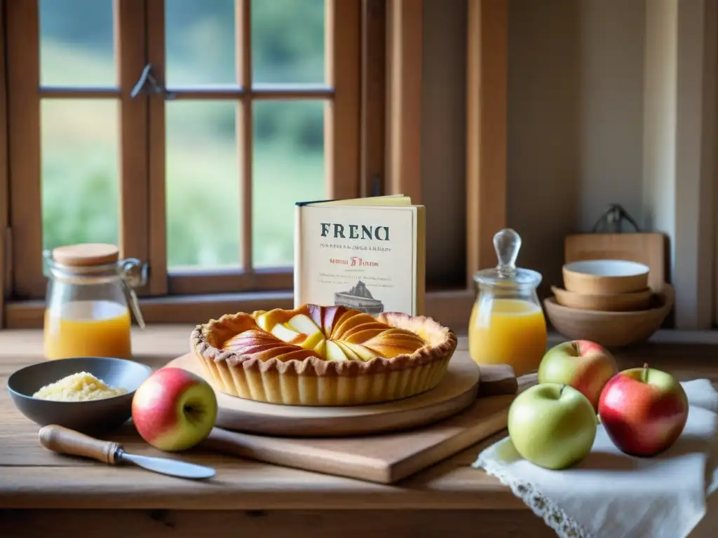 Escena culinaria francesa: ingredientes tradicionales en mesa rústica Una mesa rústica preparada con ingredientes tradicionales franceses para una Tarte Tatin receta tradicional, bañada por luz natural cálida