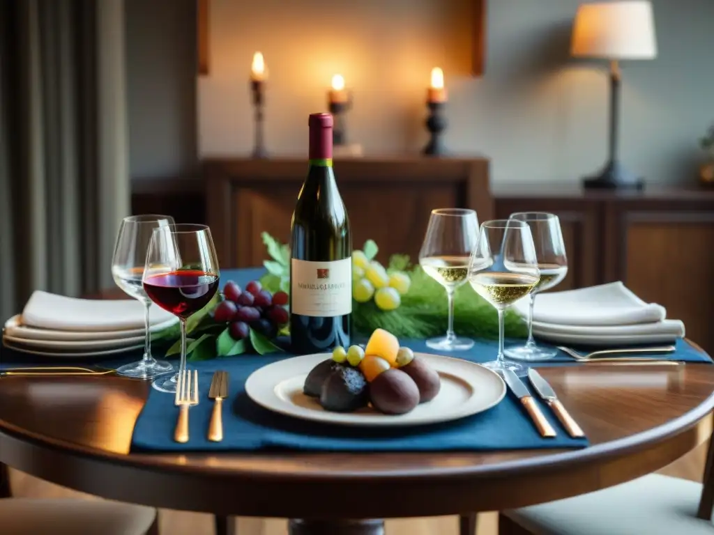 Una mesa rústica elegantemente preparada con vajilla fina y vinos Bordeaux, ideal para maridaje vinos Burdeos platos caza