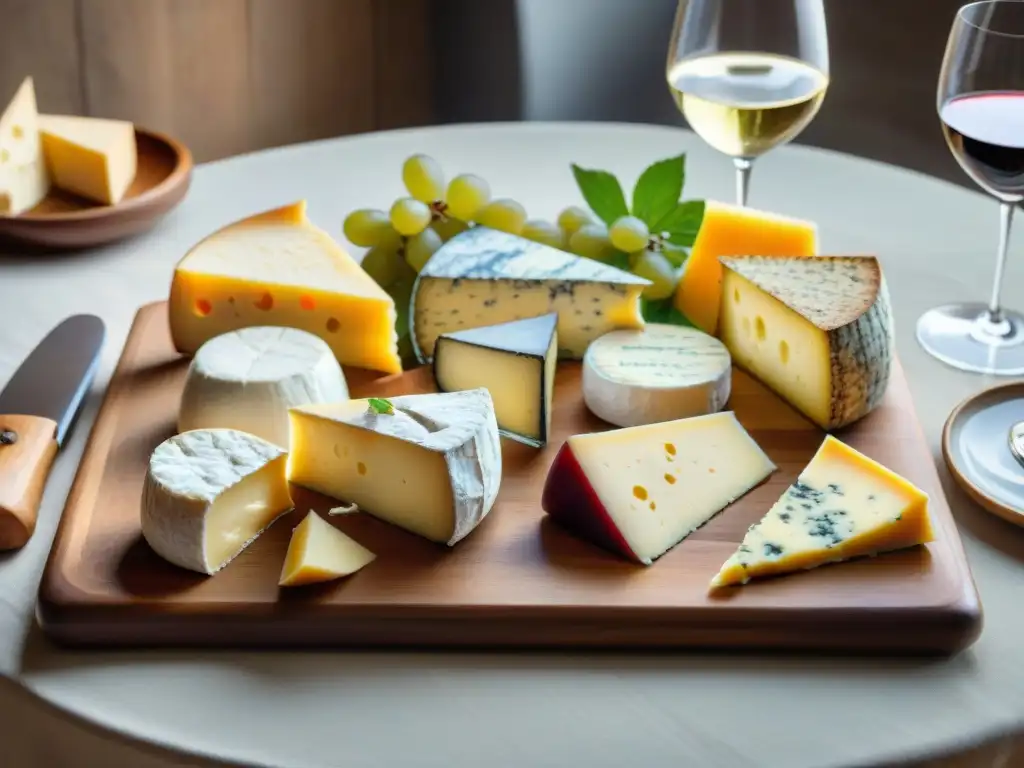 Una mesa rústica con quesos franceses como Brie y vinos como Burdeos en platos elegantes