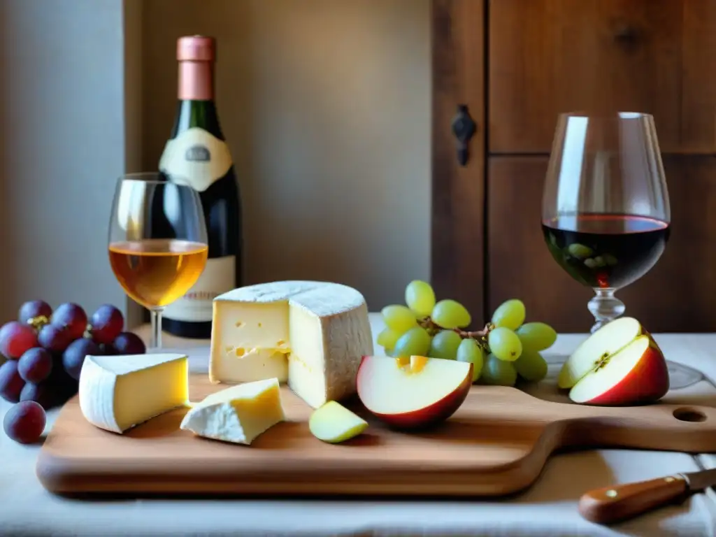 Una mesa rústica con quesos normandos y vinos locales, en una cocina francesa acogedora