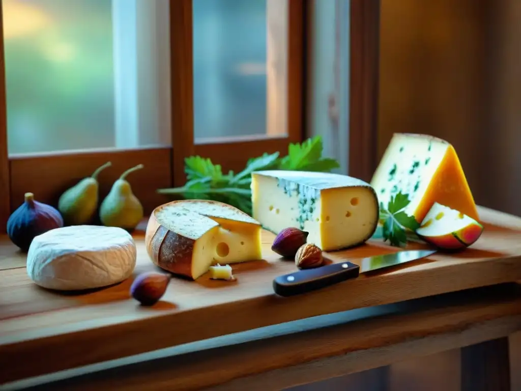 Una mesa rústica con quesos tradicionales de Lorraine, baguettes, higos y nueces, bañados por luz natural