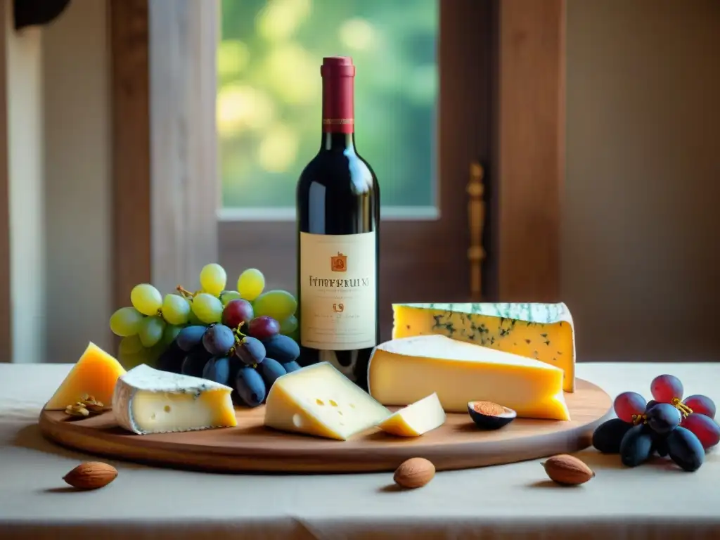 Una mesa rústica con quesos y vinos franceses, bañada por la cálida luz del sol