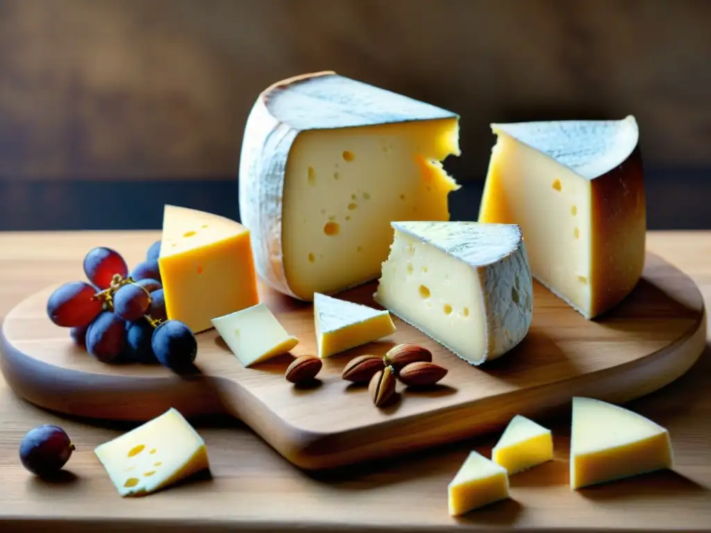 Una mesa rústica con una selección de quesos tradicionales de Lorraine, acompañados de uvas, nueces y pan crujiente, iluminados suavemente