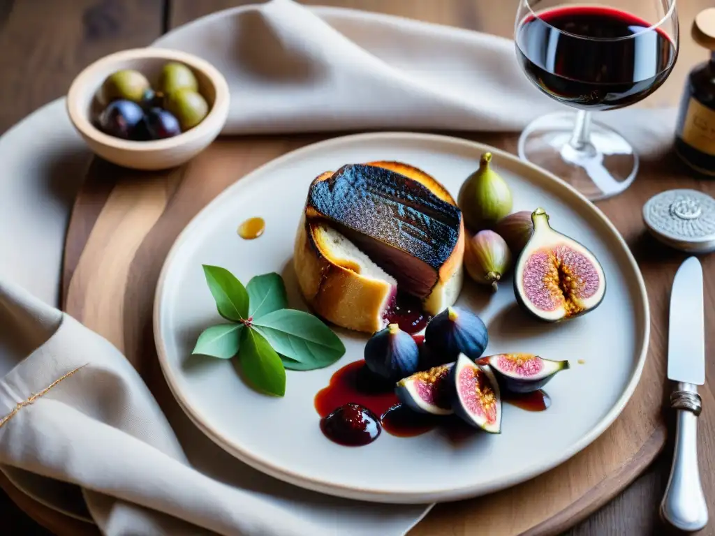 Una mesa rústica elegantemente servida con finos utensilios y vino tinto del suroeste francés, acompañada de foie gras, higos frescos y pan artesanal