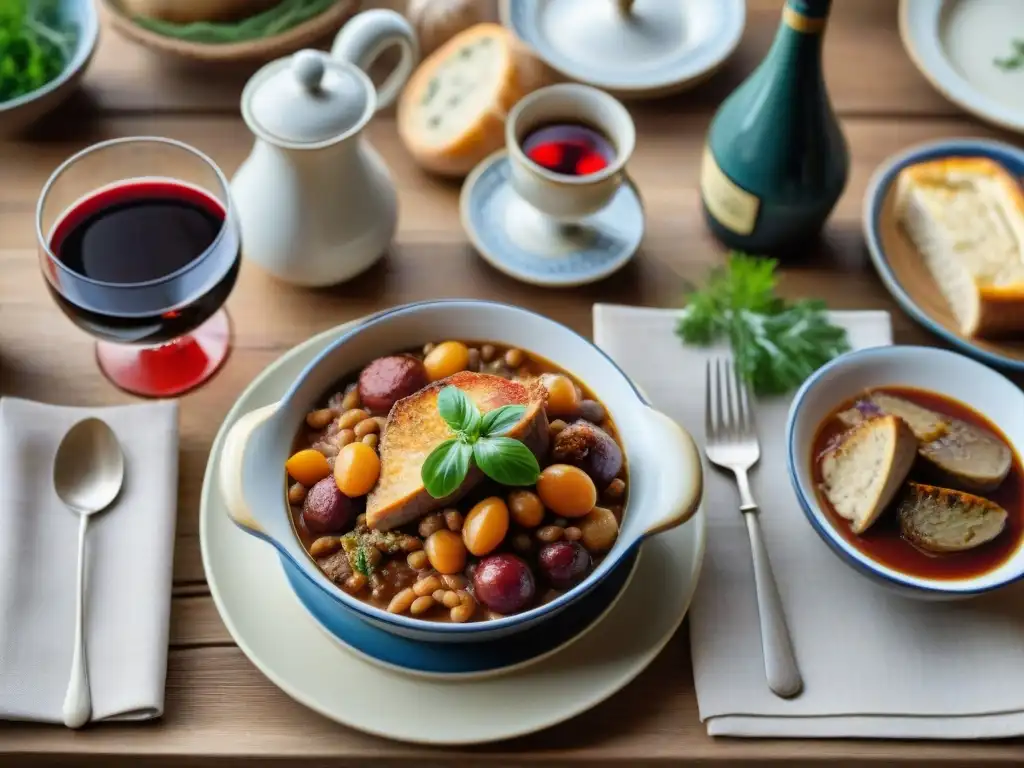 Una mesa rústica del suroeste de Francia, con platos tradicionales como cassoulet y foie gras, y vajilla vintage