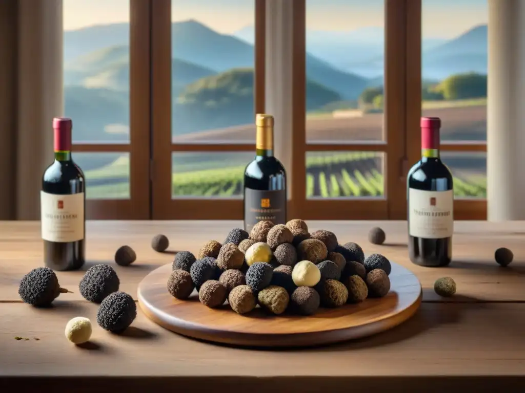 Una mesa rústica con trufas y vinos franceses, listos para un exquisito maridaje