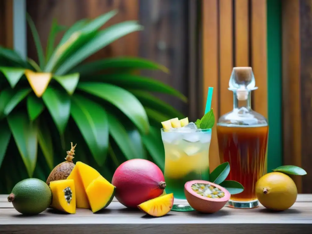 Una mesa rústica con variadas bebidas guadalupenses y frutas tropicales, evocando sabores tradicionales