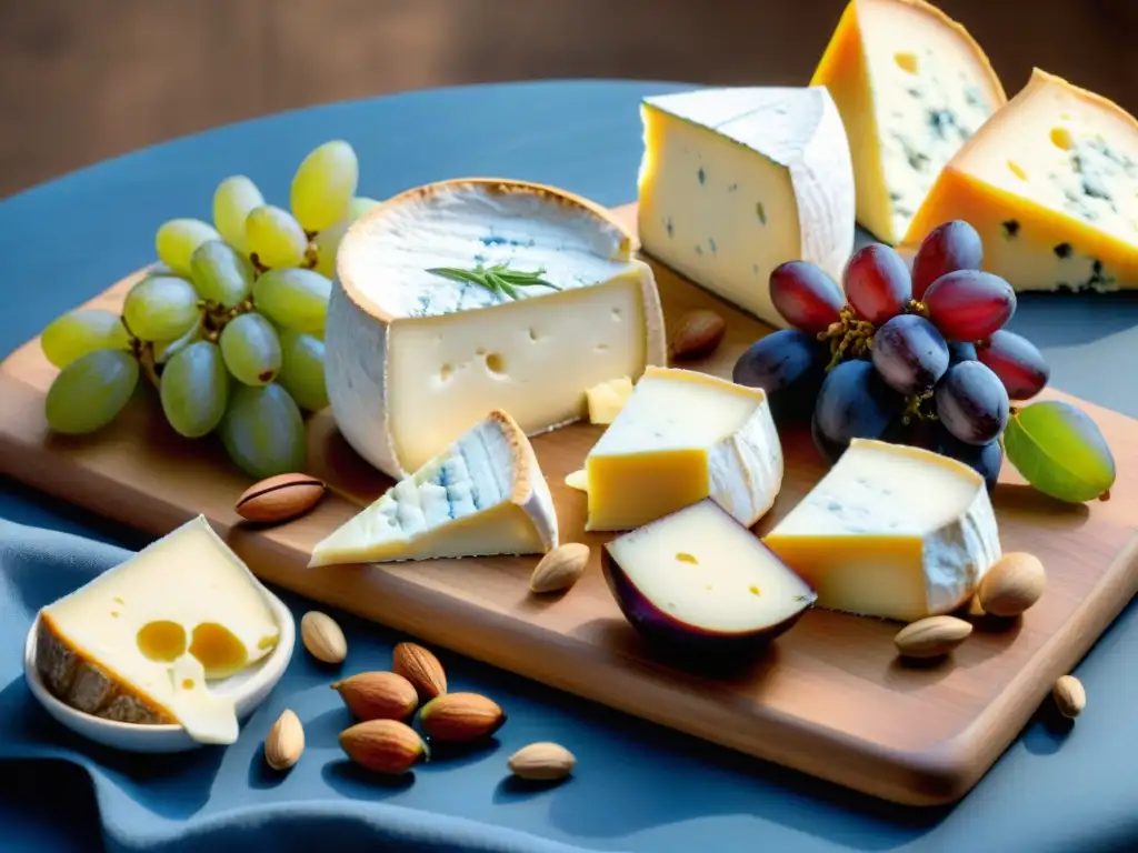 Una mesa rústica con una variedad de quesos franceses como Camembert, Brie, Roquefort y Comté, acompañados de uvas, higos, pan artesanal y nueces