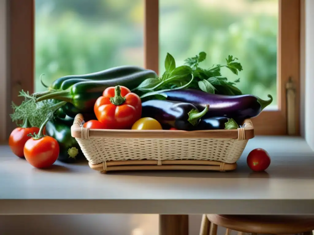 Una mesa rústica con vegetales frescos, luz cálida y una cesta de hierbas aromáticas