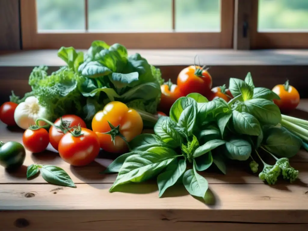 Una mesa rústica con vibrantes vegetales y hierbas frescas de una huerta en Francia, transmitiendo frescura y sostenibilidad