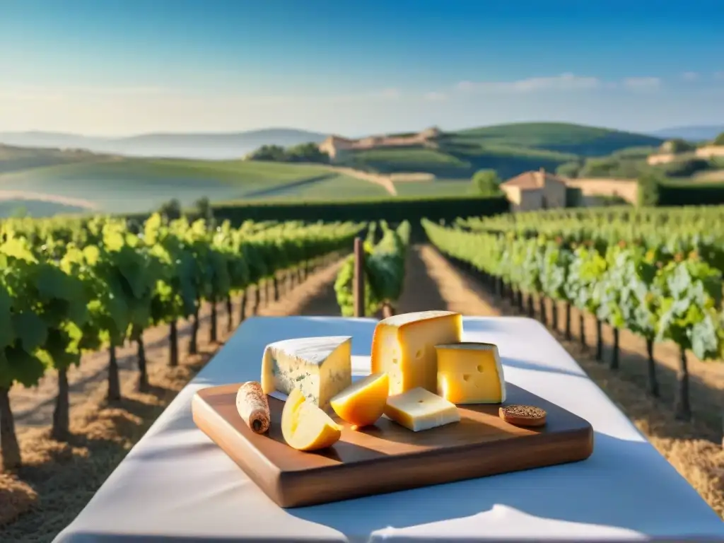 Una mesa rústica en un viñedo bañado por el sol del sur de Francia, repleta de quesos, baguettes y vinos