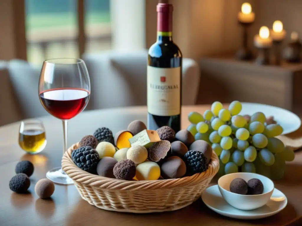 Una mesa rústica con vinos franceses y trufas, un maridaje exquisito en ambiente cálido