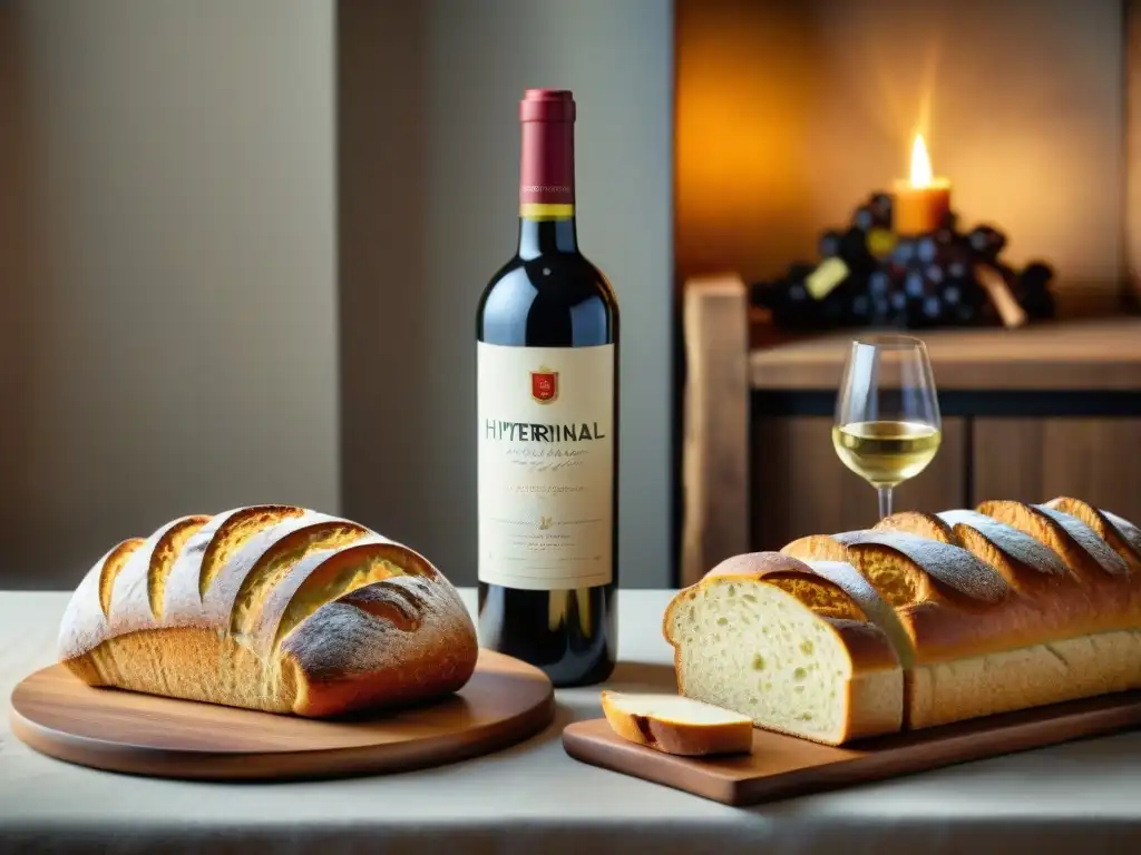 Exquisita mesa de vinos y pan artesanal Una mesa rústica con vinos franceses y pan artesanal, en un ambiente cálido