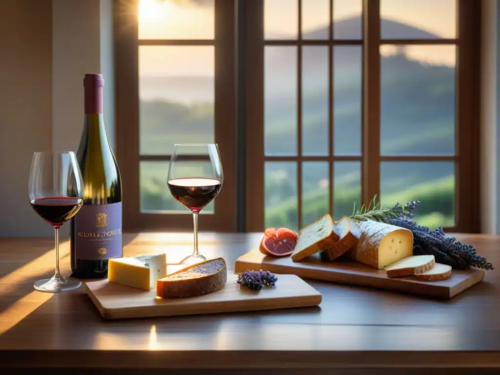 Una mesa rústica con vinos orgánicos, quesos y embutidos, baguettes y lavanda