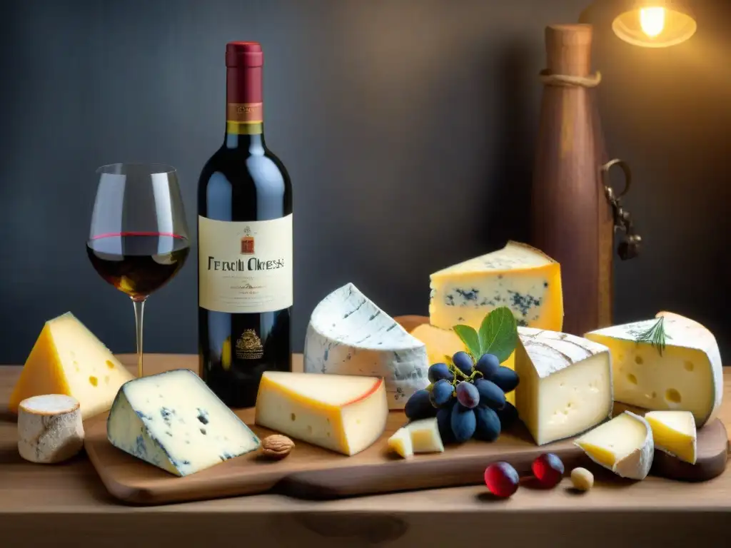 Una mesa rústica con vinos y quesos franceses, maridaje perfecto