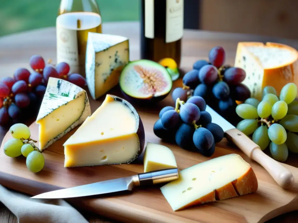 Una mesa rústica con vinos y quesos franceses, maridaje de sabores y elegancia